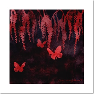 Wisteria and Butterflies Negative Painting Black and Red Posters and Art